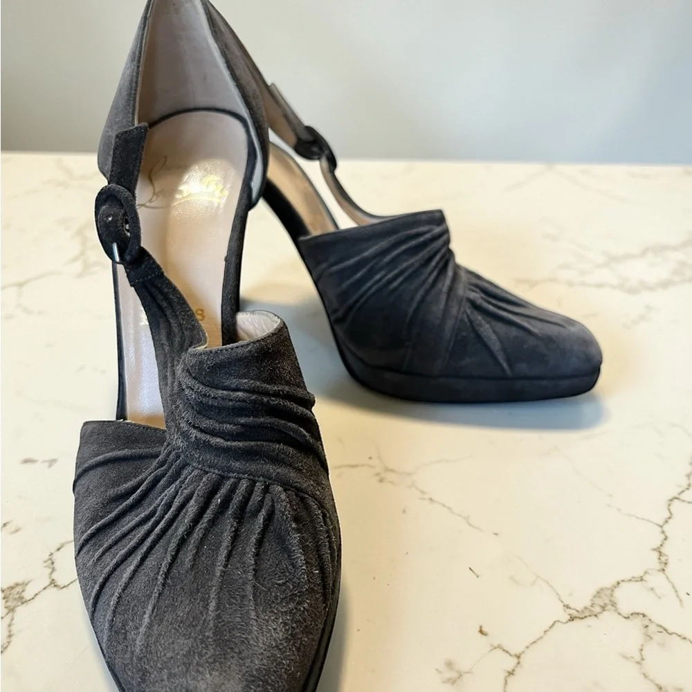 Christian Louboutin Black Suede Ruched T-Strap Pumps